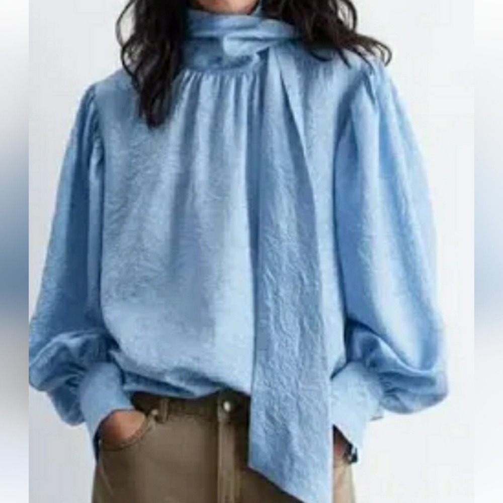 & Other Stories Powder Blue Tie-Neck Puff Sleeve Blouse